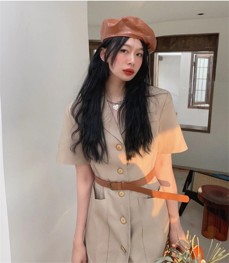 

2021 Summer Women Dress Vintage Puff Sleeve High Waist Suit Dress Robe Female One Piece Korean Pockets Lady Mini Dress With Belt