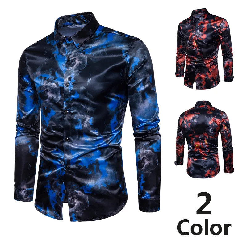 

Men Long Sleeve Printing Shirt Business Tops Fashion Slim Casual Button for Party Autumn BeachJ55