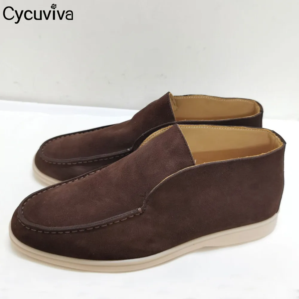 Туфли женские высокие замшевые повседневные лоферы без застежки на плоской