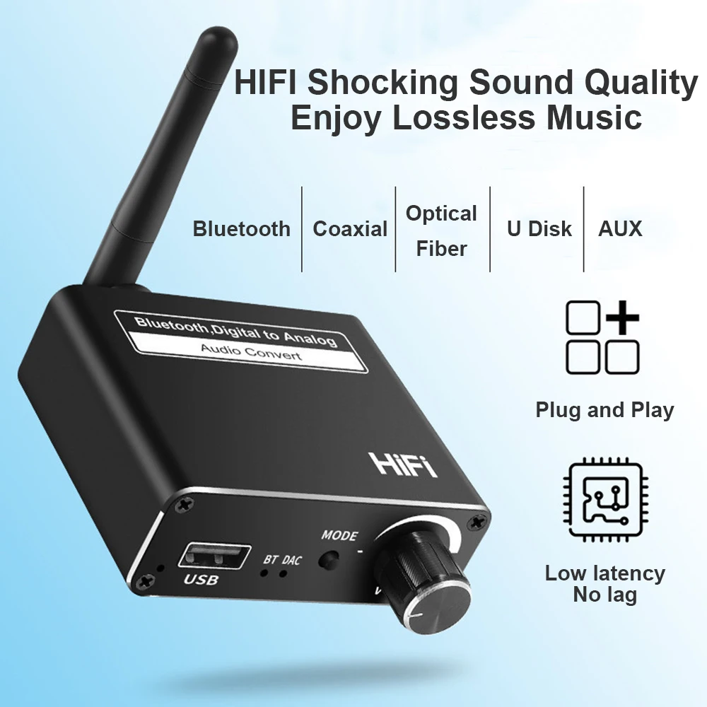 Digital to Analog Bluetooth-Compatible Receiver Audio Converter USB AUX 3.5 Jack RCA DAC Spdif Amplifier Decoder Optical Coaxial |