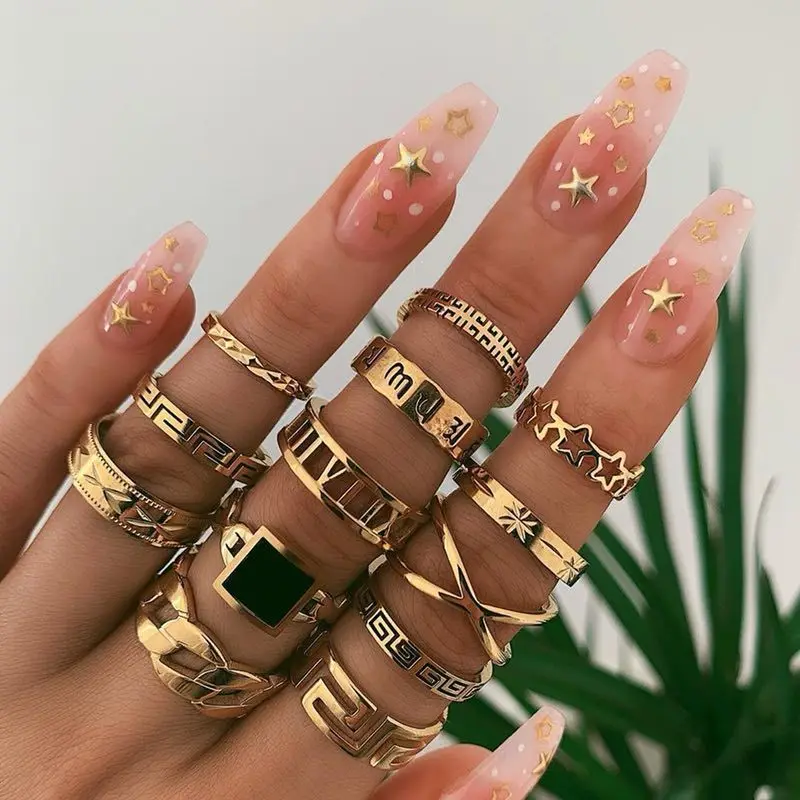 

13pcs/set Bohemian Rings Crystal Star Crown Cross Snake Drops Geometry Gold Ring Set Charm Joint Ring 2020 Fashion Jewelry