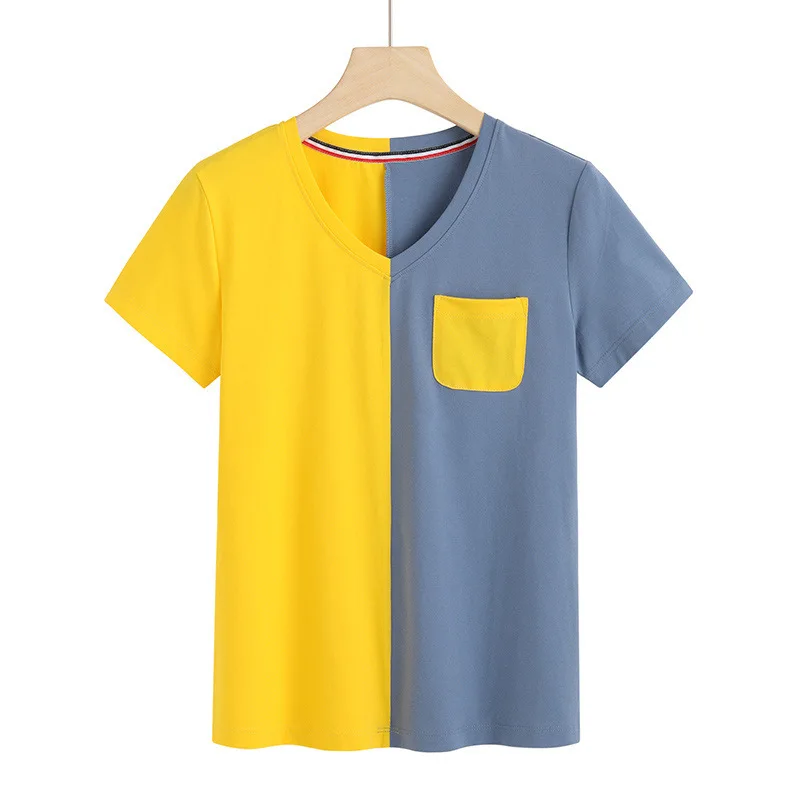 

BabYoung New Short Sleeve T-shirts Women Designer Summer Style O-Neck Cotton Slim Tops for Women Patchwork T Tee Shirt Femme