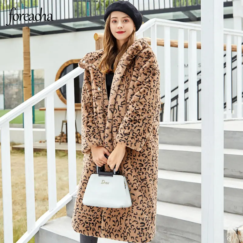 

foreach mid-length hooded Faux leopard coat lapel single-breasted Fake Fur Woman Jacket warm and furry Coats Women 2021 Winter
