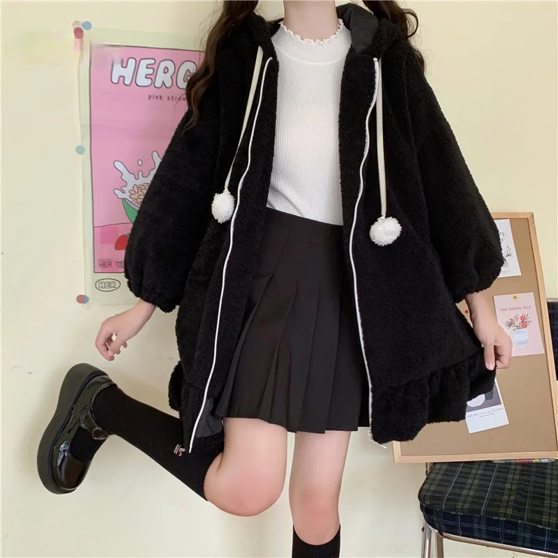 Rabbit Ears Hooded Coats Japanese Korean Girl Warm Women Kawaii Jacket Fall Winter New Sweet Soft Lambswool Ruffles Parkas White
