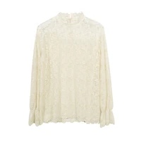 perhaps u women stand collar lace long sleeve embroidery floral beige see through top blouse b0416