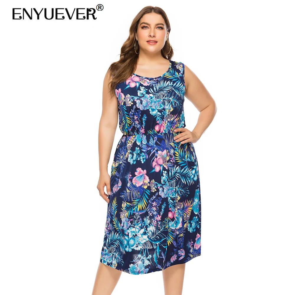 

Enyuever Plus Size Vintage Dress Retro 5XL 6XL Summer Clothing Sleeveless Floral Print Elegant Women Casual Dresses With Pockets