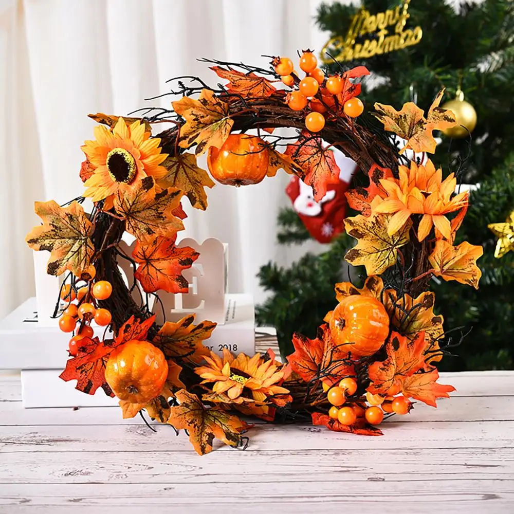 

Fall Wreath with Pumpkins Berries Maple Leaves Artificial Fall Berry Wreath Harvest Wreath Wedding Party Thanksgiving Home Decor