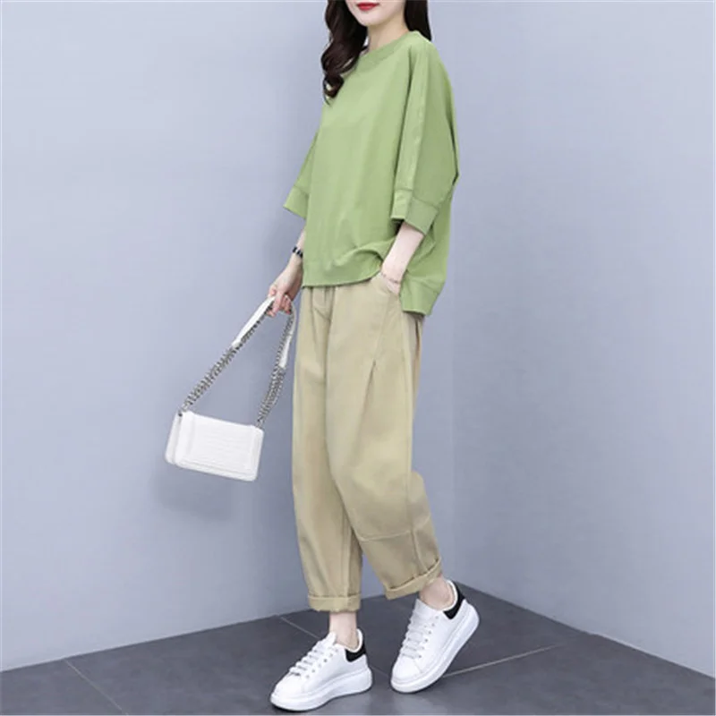 

2021 Spring Summer New Cotton Casual Two-Piece Female Neck Pullover Blouse + Elastic Waist Solid Color Pants Fashion Suit Women