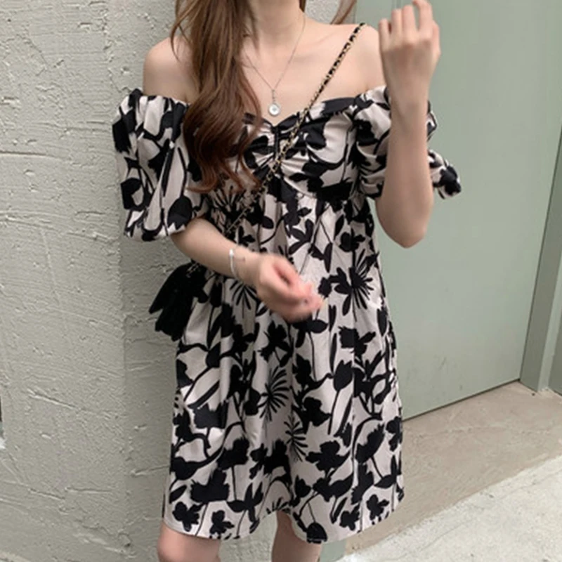 

Sexy Women Square Neck Short Puff Sleeve Dress 2021 Summer Casual Ladies High Waist Loose Dresses