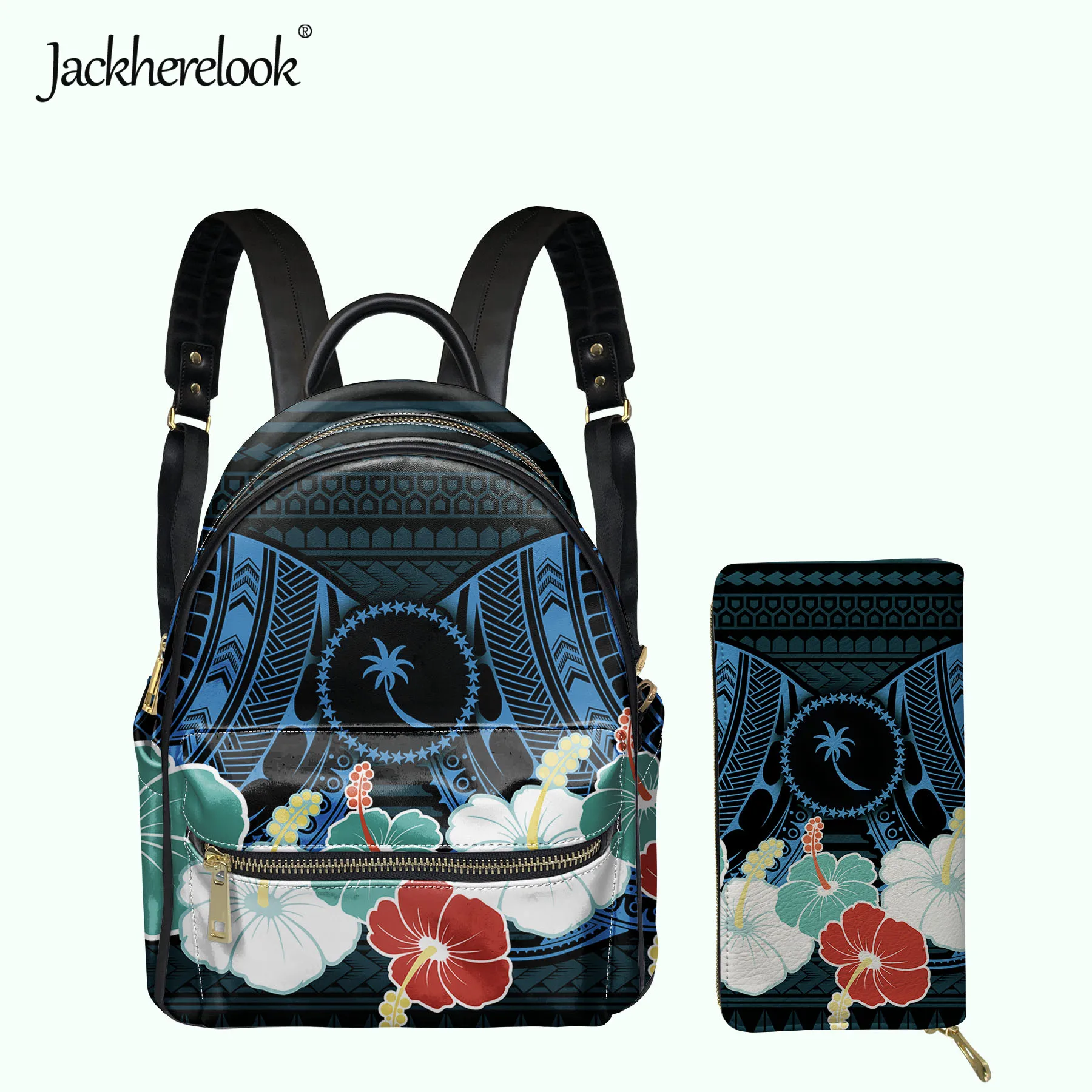 

Jackherelook Chuuk Hibiscus Polynesian Pattern Women's Backpack Clutch Wallet 2pcs/Set Girls Mini Schoolbag Coin Purse Mochila