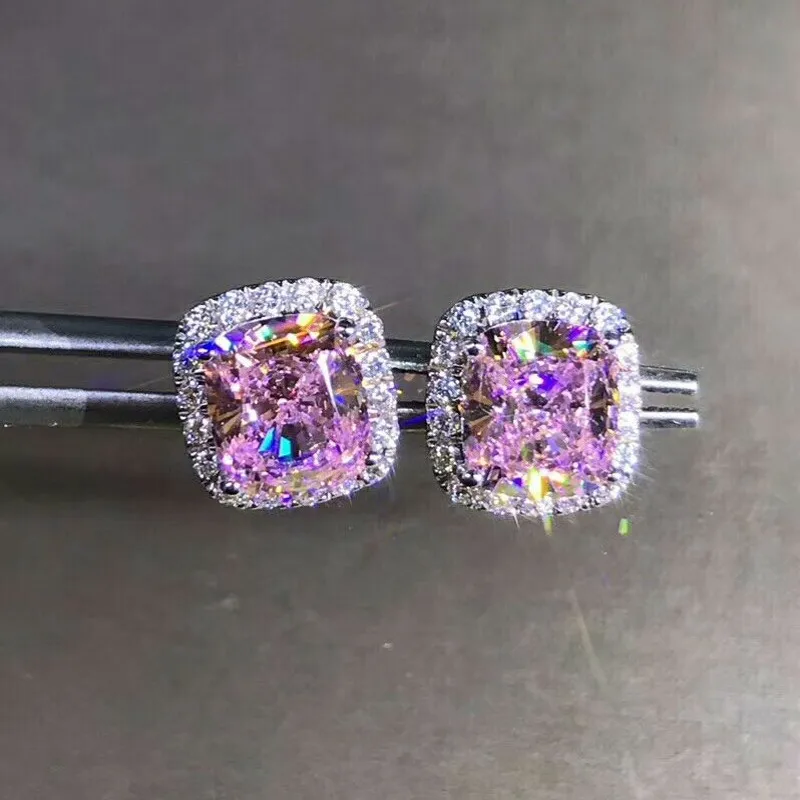 Модные 2ct Lab розовые серьги гвоздики с бриллиантами Настоящее серебро 925 пробы