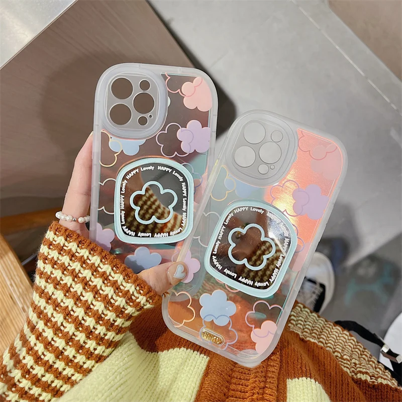 

Cute Flowers Cool Laser Colorful Bracket Case For Apple iPhone 12 11 Pro XS Max X XR 7 8 Plus Fashion Shockproof Cover Hot Sale