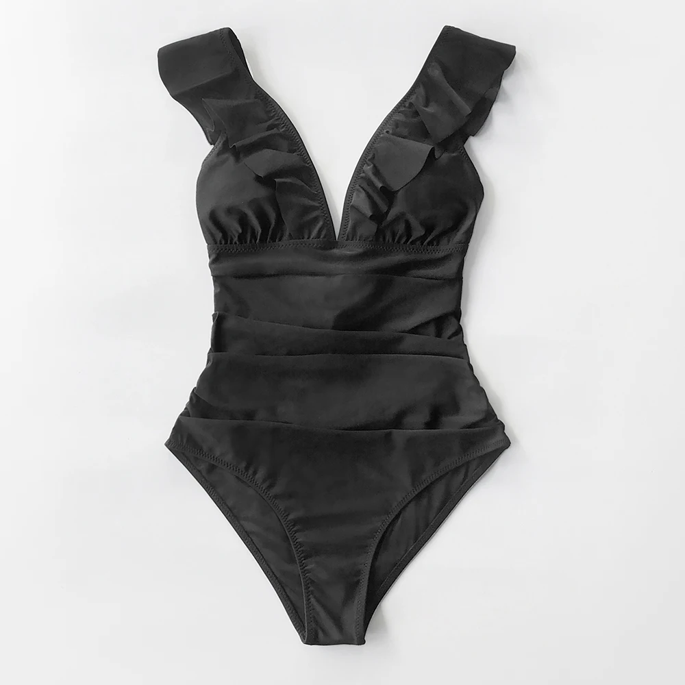

Solid Black Ruffled One-piece Swimsuit Women Sexy Lace up Swimwear 2021 New Girl Beach Bathing Suits swimwear women plus size