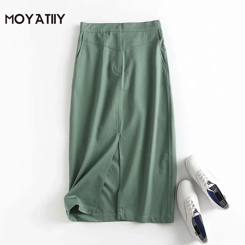 

MOYATIIY 2021 модная зеленая хлопковая миди-юбка элегантные женские открытые боковые юбки на молнии дизайнерские женские юбки