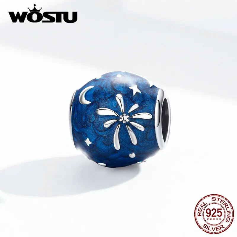 WOSTU серебро 925 пробы фейерверк синие Бусины Круглый Шарм оригинальный браслет