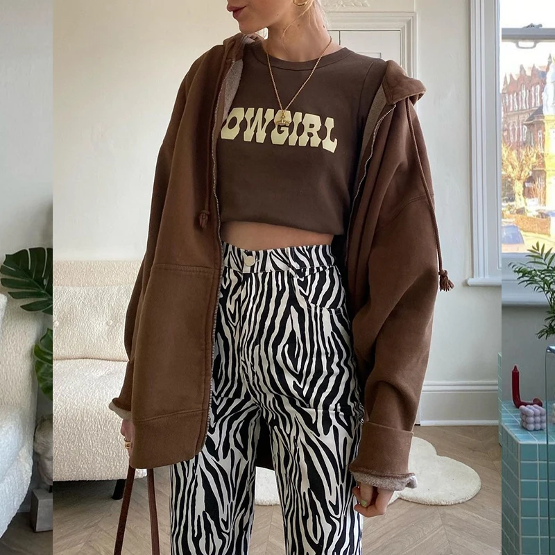 Брюки женские прямые в американском стиле черные с узором зебры тонкие