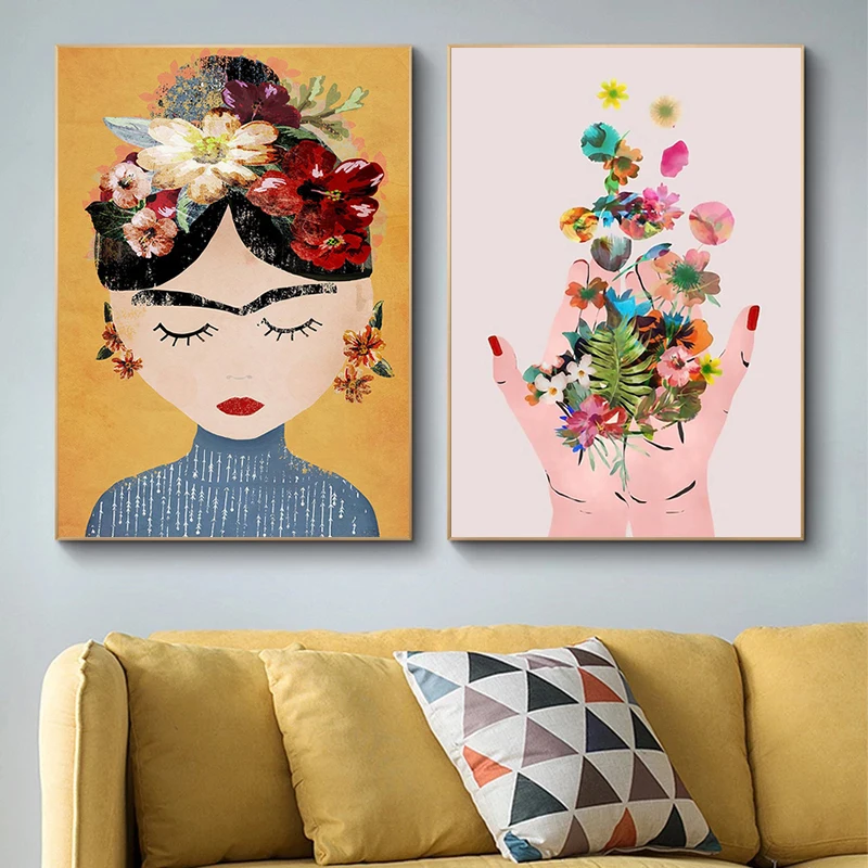 

Woman with Flowers on Head Posters Lady Portrait Canvas Paintings Abstract Girl Posters and Prints Wall Art Pictures Home Decor