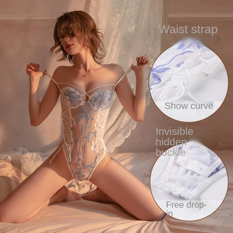 

White Lace Bodysuit Women Floral Embroidery Transparent Sexy Backless Jumpsuit Overalls Party Deep V Sheer