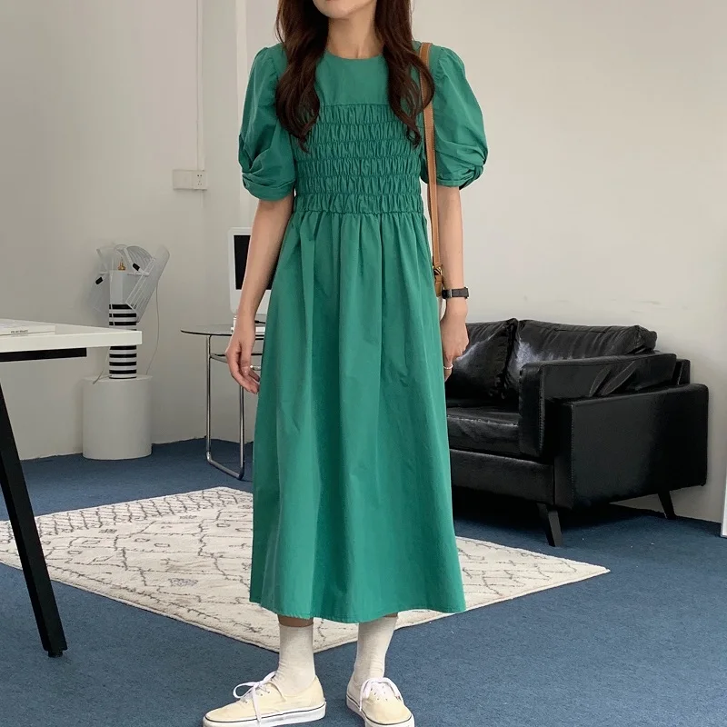 

KUSAHIKI Woman Dress Korean Chic Folds Slim Waist Vestidos Femme Puff Short Sleeve O-neck Dresses 2021 Summer New 6H047