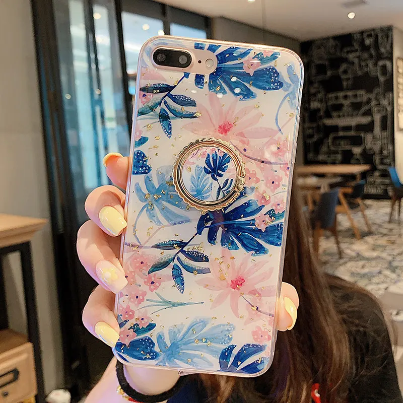 IK92-DJ25PinkFlower SoCouple кольцо из ТПУ чехол-держатель для iphone 7 8 6 6s plus чехол для iphone XR 11 Pro X Xs Max мраморный Золотой фольга кольцо держатель чехол - Цвет: IK92-DJ25PinkFlower