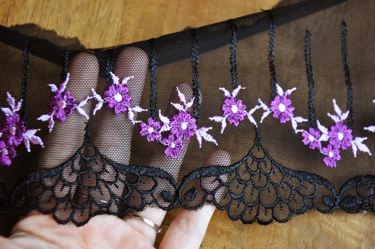 3 м 15 см Ширина Цветочная вышивка кружевной отделкой черного цвета из тюлевой