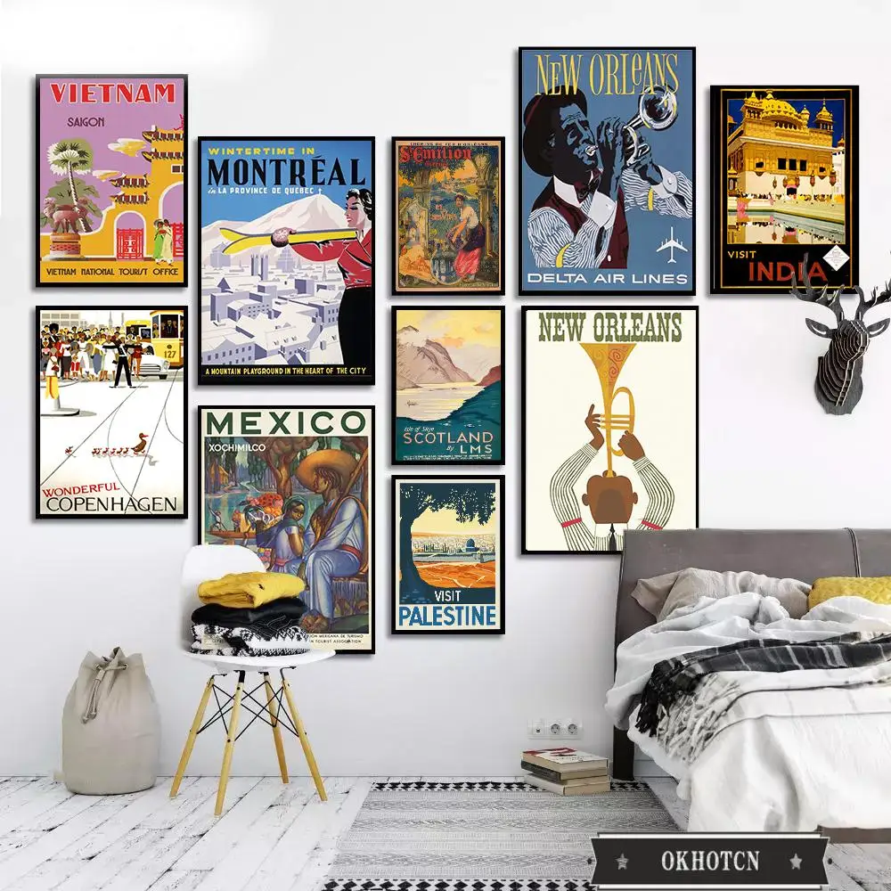 Винтажный мультфильм известный город путешествия Пейзаж Плакат Палестина Мексика Индия Вьетнам Копенгаген Холст Живопись стены Искусство Картины