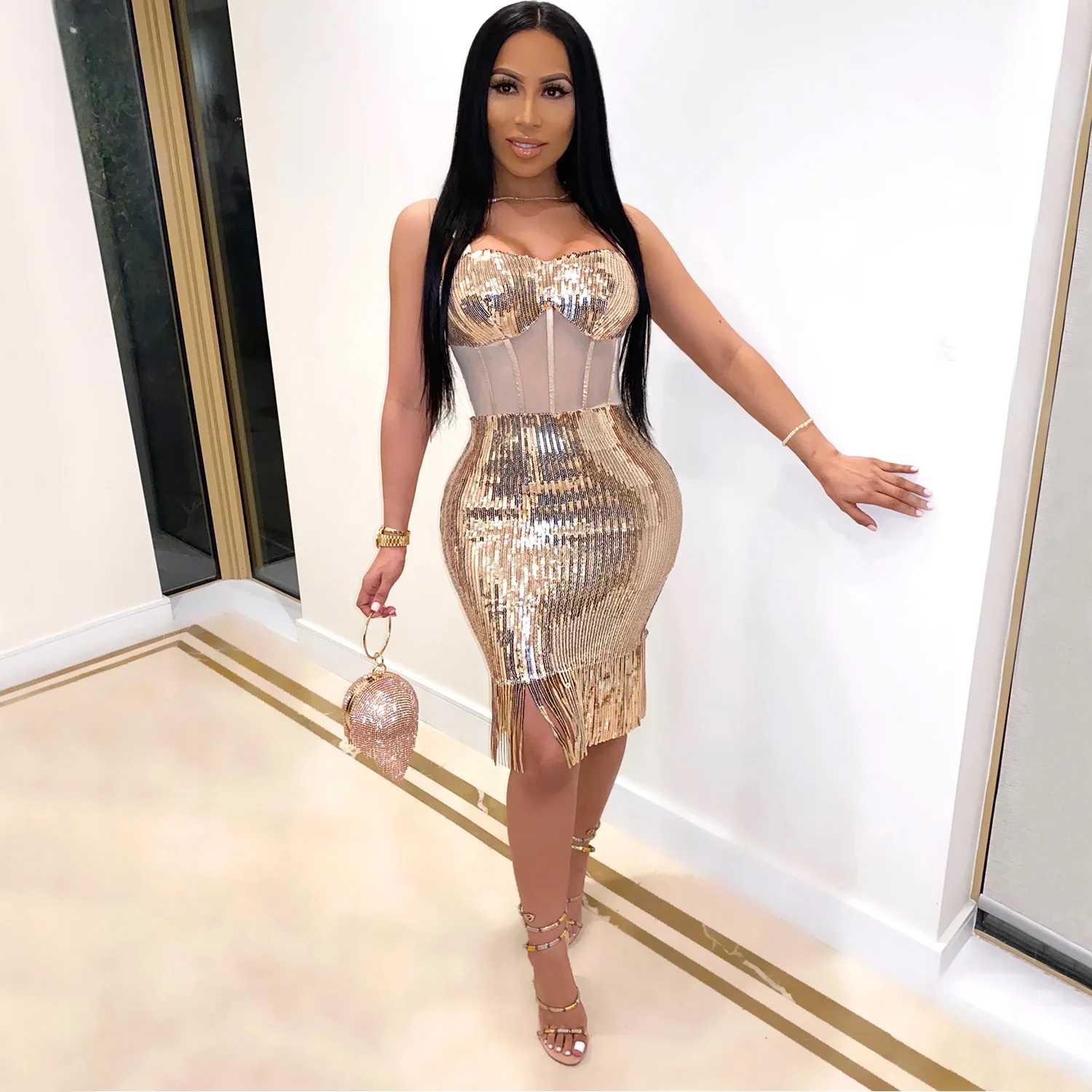 Золотистое черное блестящее Сетчатое сексуальное миди-платье Bosycon 2021 без рукавов
