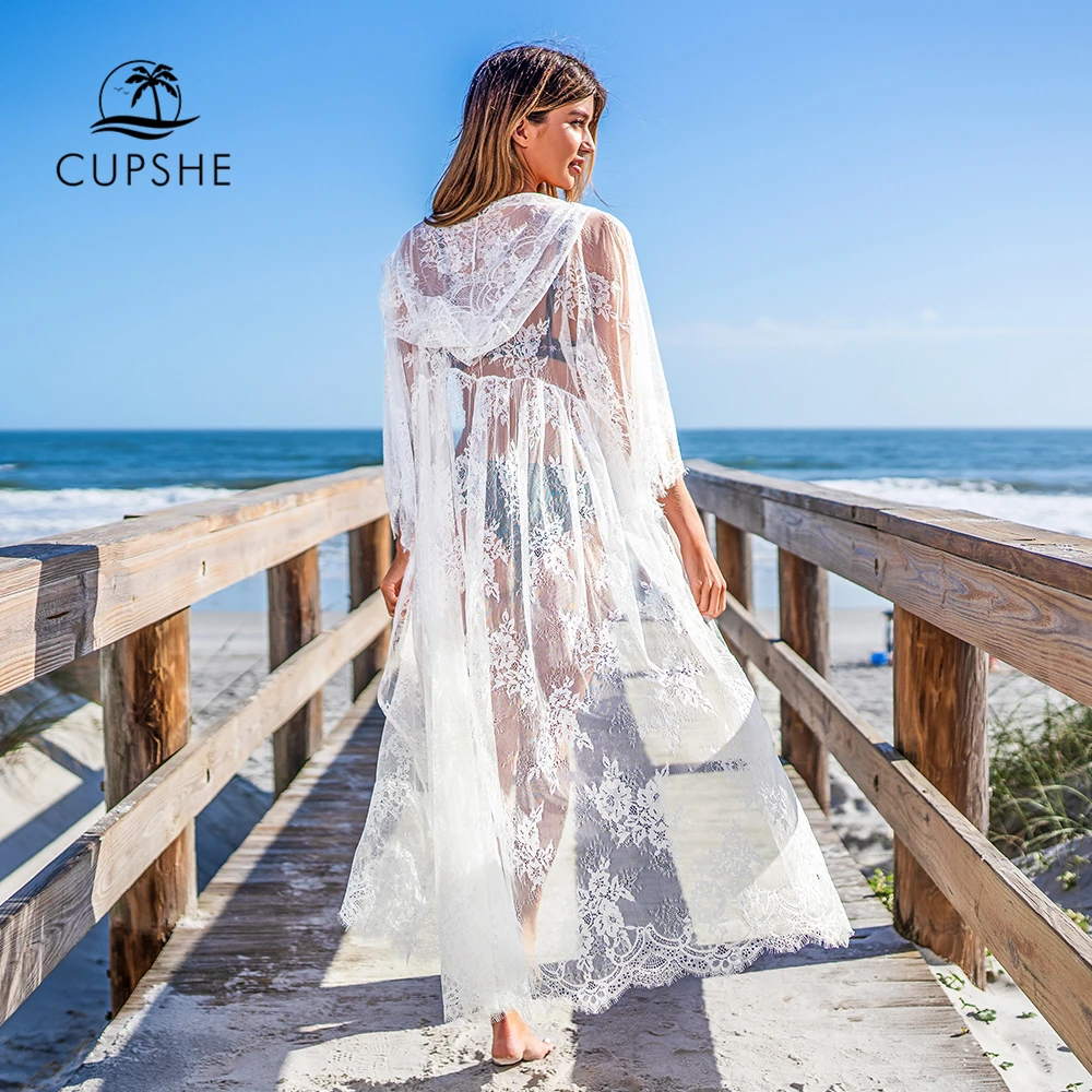 Белый кружевной купальник CUPSHE длинное прозрачное покрывало-накидка на лето 2020 |