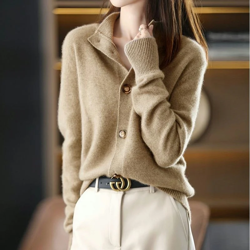 

New Spring Famale Stand-Collar Cashmere Wool Sweater Women Cardigan Knitt Sweater Clothing Single-Breasted Loose Short Tops y2k