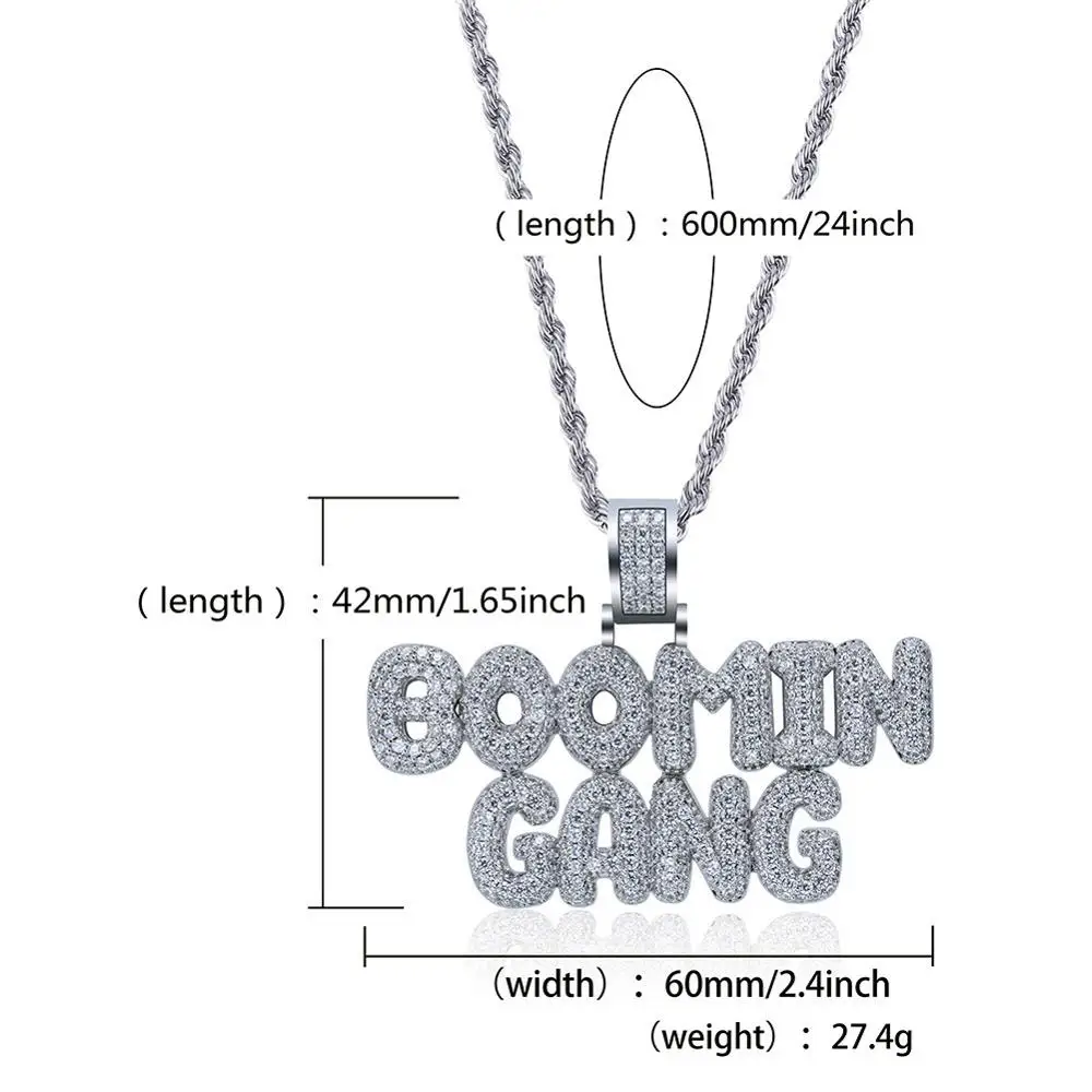 Hip Hop AAA Cubic Zirconia Bling Iced Out BOOMIN GANG Bubble Letters Pendants Necklace for Men Rapper Jewelry Drop Shipping | Украшения и