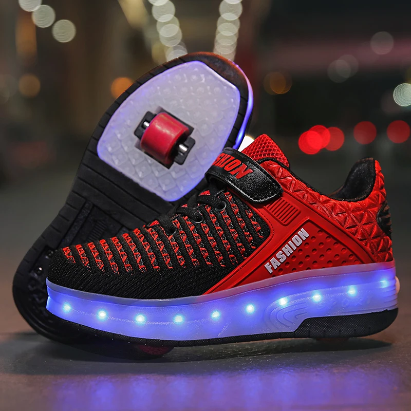New Pink USB Charging Fashion Girls Boys LED Light Roller Skate Shoes For Children Kids Sneakers With Wheels Two wheels led shoe | Детская