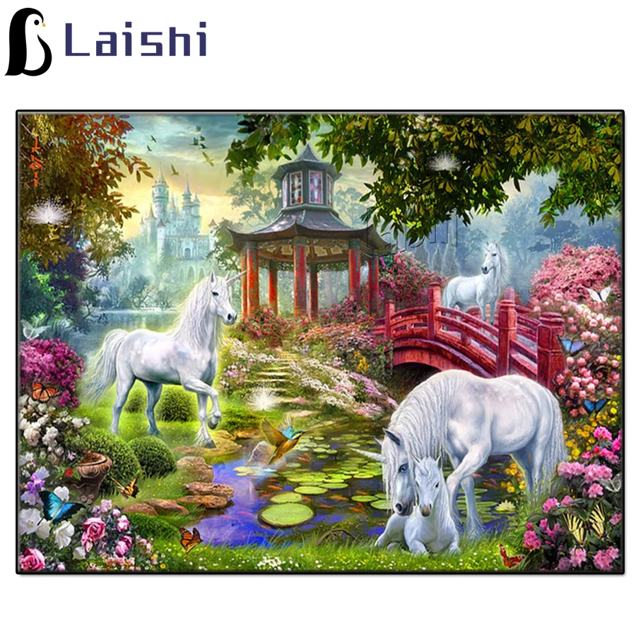 

Картина из страз "сделай сам" с радужным замком, единорогом, 5D, пейзаж, мозаика, вышивка крестиком, домашняя декоративная картина, подвесная Н...