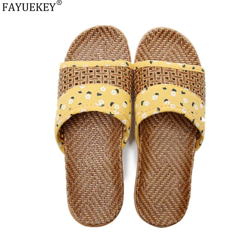 

FAYUEKEY Summer Flax Slippers Couples Linen Weave Floral Slides Sandals Women Men Indoor Shoes Home Slippers Ladies Flip Flops