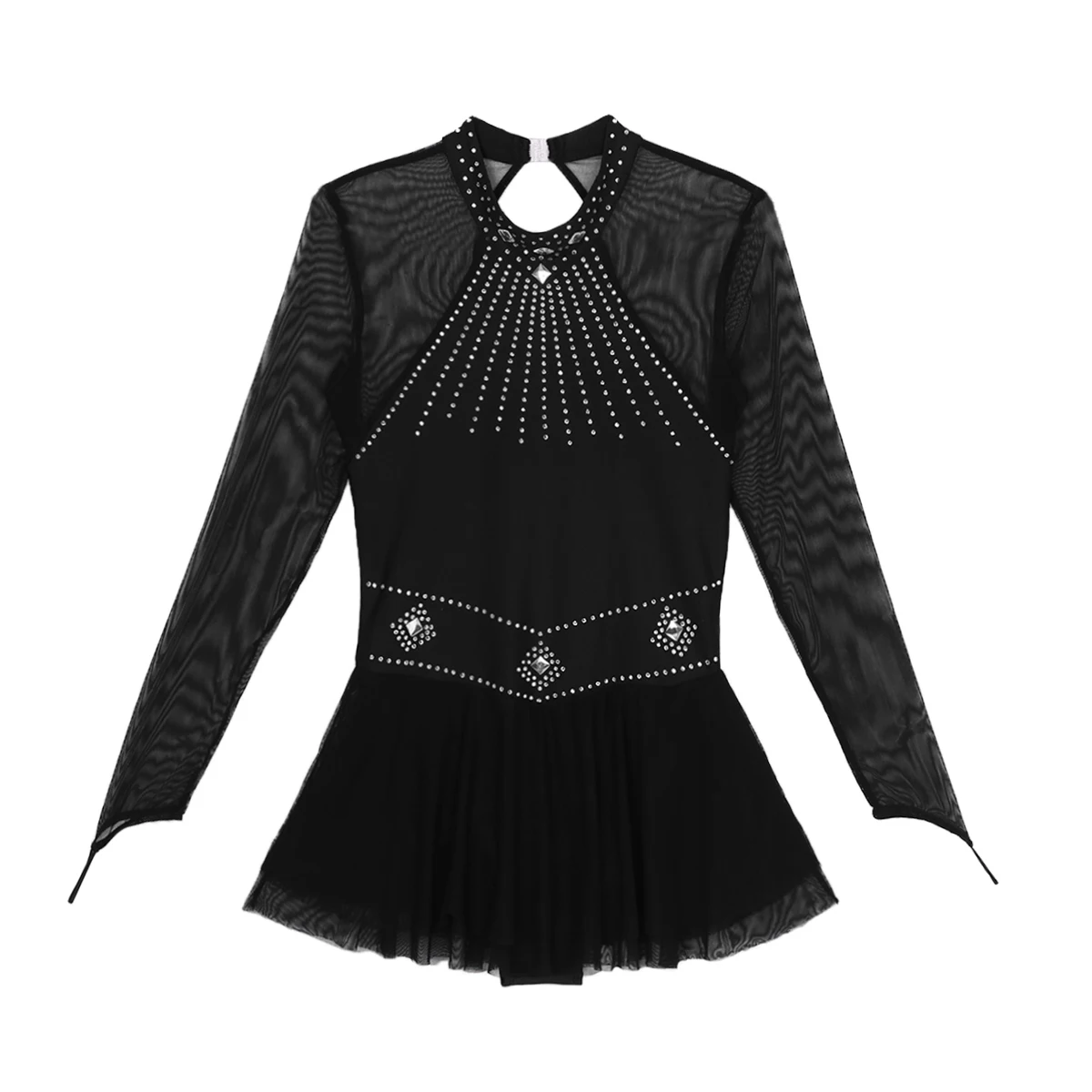 Adult Shiny Rhinestones Long Sleeve Mesh Splice Ballet Gymnastics Leotard Women Figure Skating Dress Competition Dance Costumes