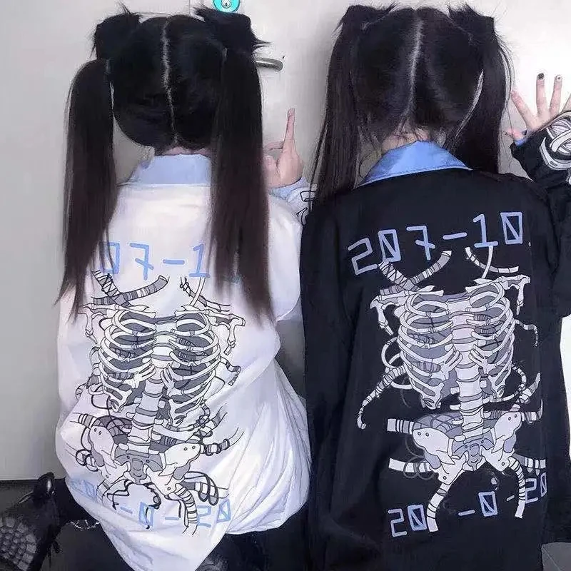 

Anime mechanical skull print jacket Punk Vintage Sweatshirt Harajuku Women Zip Hoodie Clothes Coat Game Size Y2k Kawaii Oversize