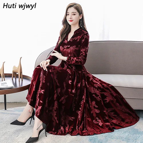 Burgundy Винтажные однотонные бархатные миди платья осень зима 3XL плюс размер платье макси с длинным рукавом элегантные женские облегающие вечерние платья - Color: Burgundy
