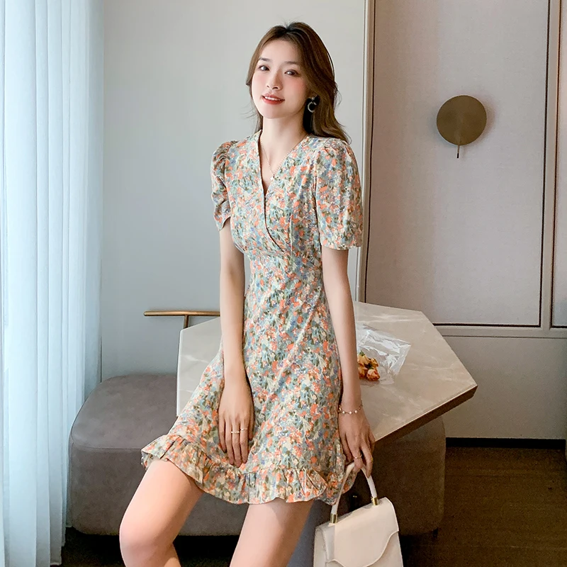 

Midi Party Dresses Ladies Women's Clothing Summer 2022 New French Vintage Floral Dress Elegant V-neck Chiffon Plus Size Dress