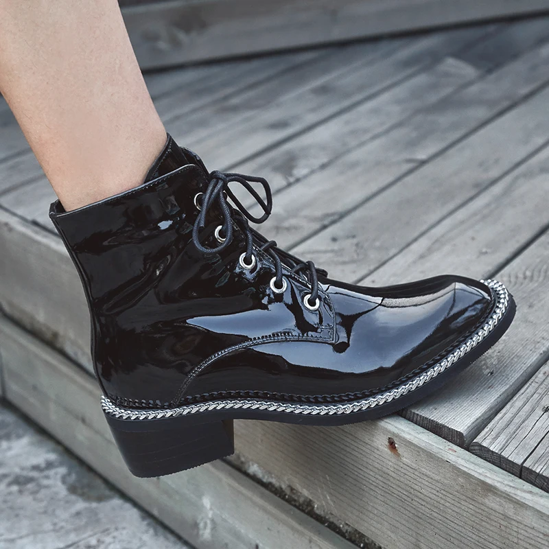 

Genuine Leather Boots Women chain Square Heels Autumn Winter Ankle Boots Sexy Shoes Woman Motorcycle Boots size 41 42 43