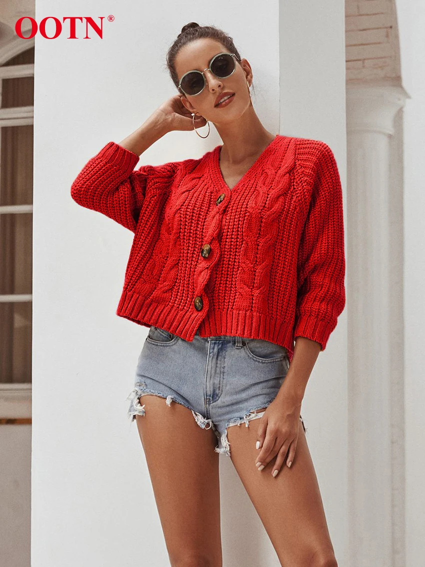 OOTN однобортный вязаный крючком пуговицы для кардигана короткий зимний женский свитер с длинным рукавом Повседневная Верхняя одежда свитер пальто