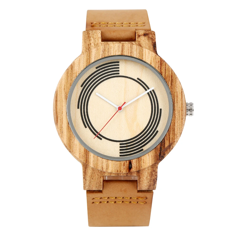 Часы наручные мужские с деревянным ремешком модные коричневые кожаным в полоску