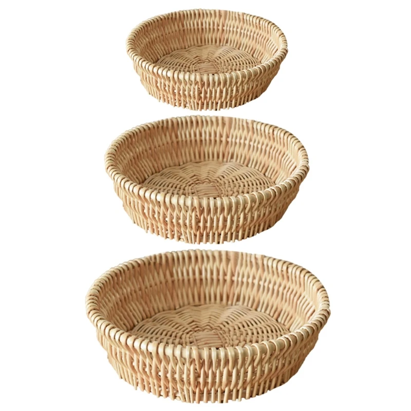 

Round Hand Woven Storage Basket Desktop Storage Serving Platter Retro Organizer