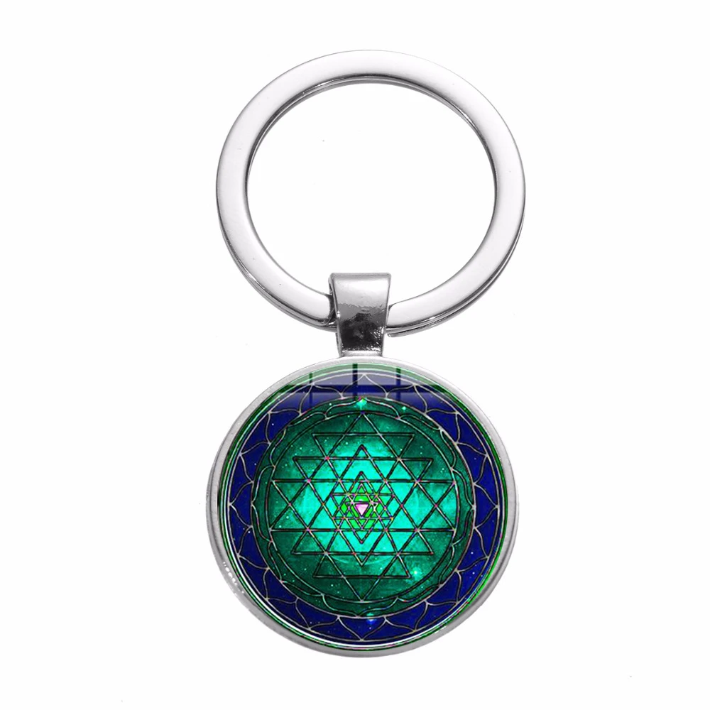 2019 New Design Sri Yantra Charm Keychain Sacred Geometry Chakra Spiritual Art Patterns Glass Dome Key Chain for Buddhist | Украшения и
