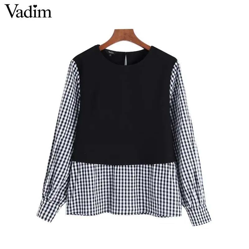 Vadim women fashion plaid patchwork blouse long sleeve O neck shirts female casual stylish tops blusas LB588