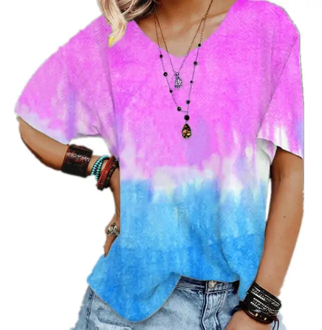 

Женская футболка с градиентным принтом, Повседневная Свободная футболка с V-образным вырезом в европейском и американском стиле, лето 2021