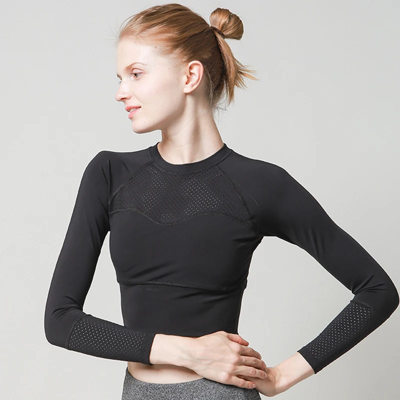 Women Seamless Long Sleeve Crop Top Yoga Athletic Gym Mesh Shirts Running Training Fitness Workout Top Quick Dry Active Shirts