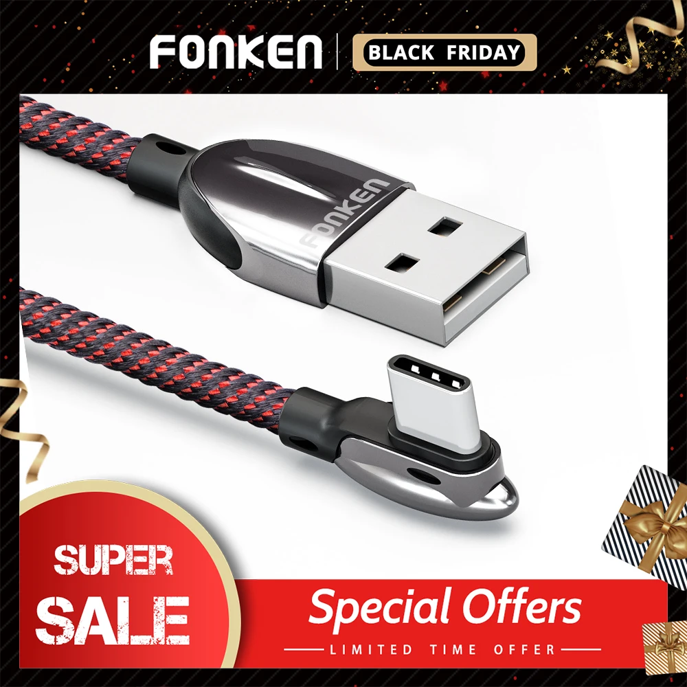 Кабель для быстрой зарядки FONKEN 3A USB type C, 90 градусов, USB C, игровой кабель для зарядки, зарядное устройство для телефона Android, кабель для передачи данных с углом 90 градусов type-C