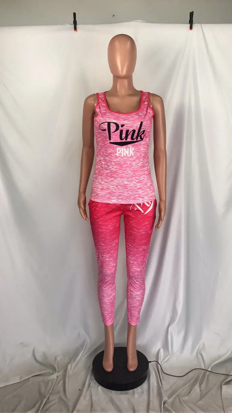 

2020 Pink Letter Print 2 Piece Set Tie Dye Outfits For Women Tracksuit Sleeveless Crop Top Leggings Pants Casual Matching Sets