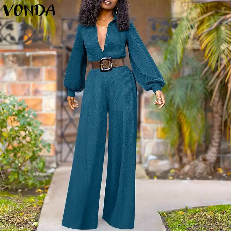 

Женские Элегантные Комбинезоны, комбинезоны с широкими штанинами 2021 VONDA, сексуальные праздничные комбинезоны с пышными рукавами и V-образны...