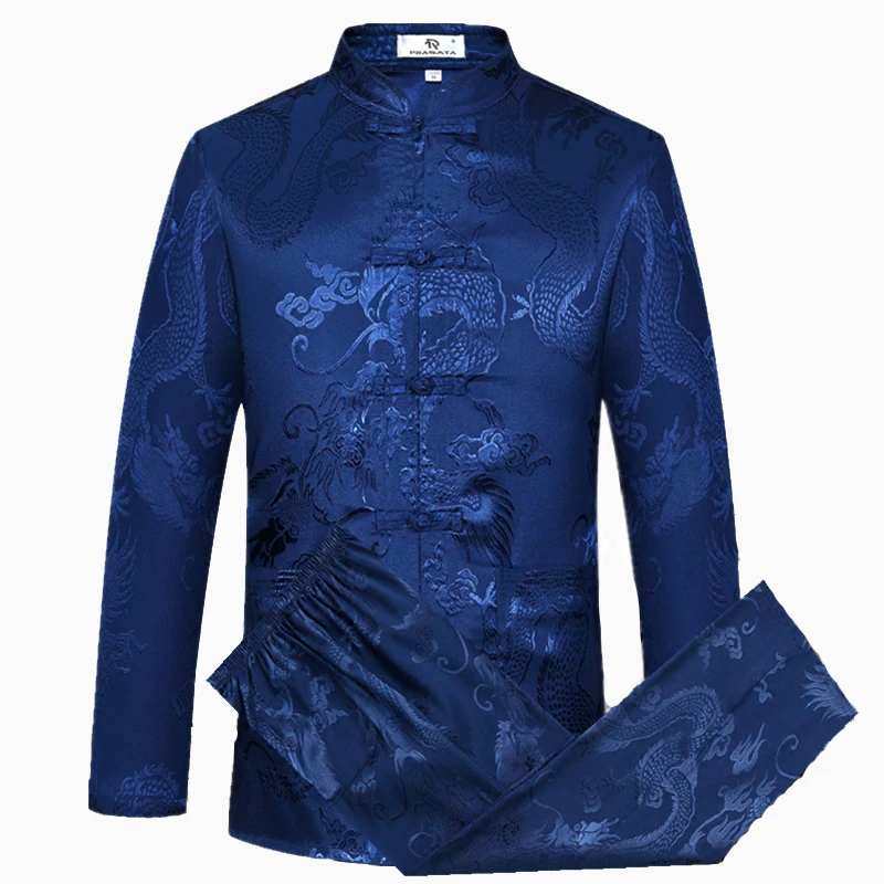 Gray Chinese Dragon Men's Tang Suit Sets Long Sleeve Shirt Long Pants Dragon Kung Fu Suit High Quality Silk Wu Shu Tai Chi Sets