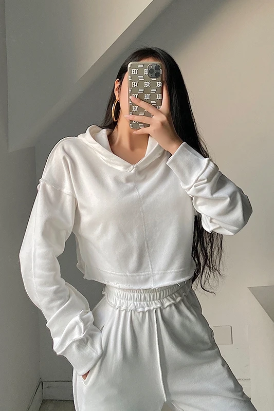 

TVVOVVIN 2020 New Street Loose Slimming Short Navel-opening Woolen Hooded Pullover Base Sweatshirt 8EL4